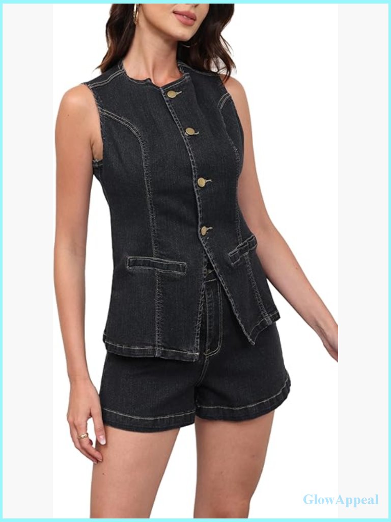 Women's 2 Piece Denim Set Sleeveless Blazer Vest & Short Set Business Casual